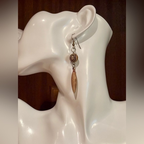 3/$15 - Carved Wood Drop Earrings with Swirl Motif - Picture 2 of 8